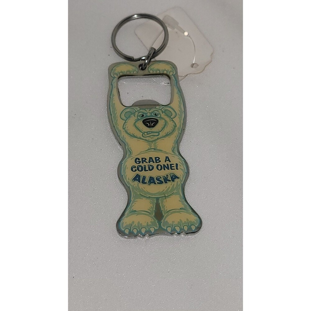 Alaska Polar Bear Bottle Opener Keychain Grab A Cold One 3in